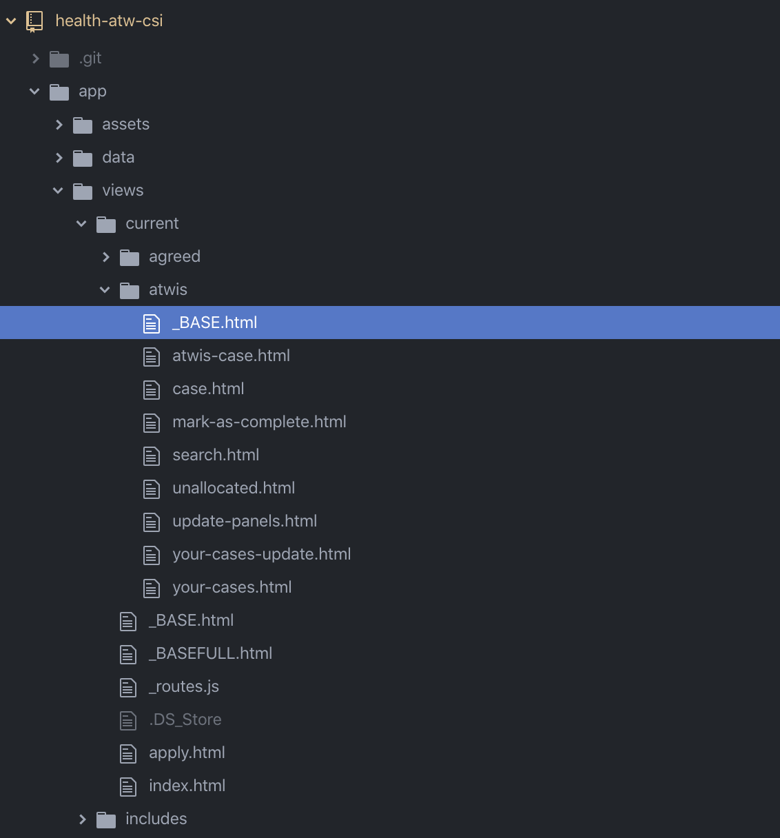 Detail of folder structure, highlighting a _BASE.html file