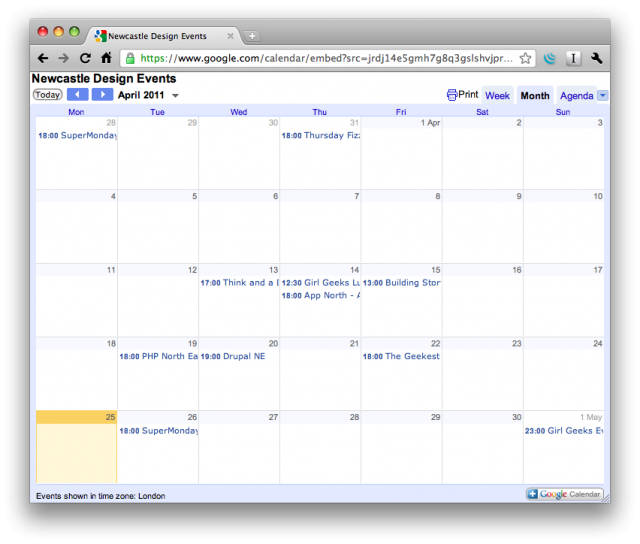 Google calendar showing events