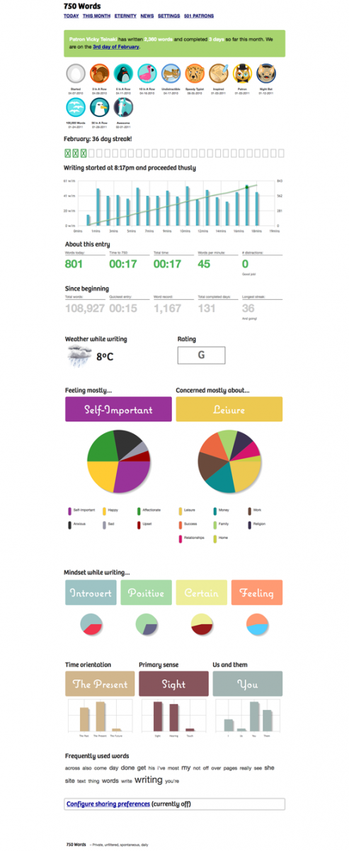 Stats page showing a streak, days and other details such as weather, feelings, and time orientation