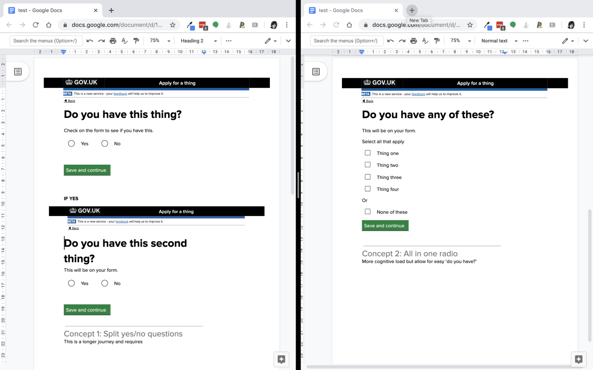 Screens to the GOV.UK design system mocked up in Google docs