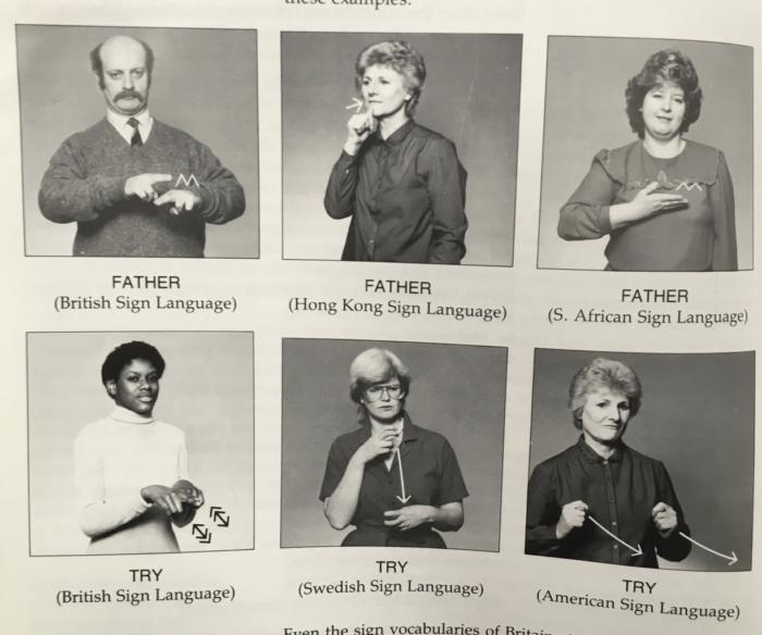 3 people signing father in British Sign Language, Hong Kong Sign Language and South African Sign Language; 3 people signing Try in British Sign Language, Swedish Sign Language, and American Sign Language