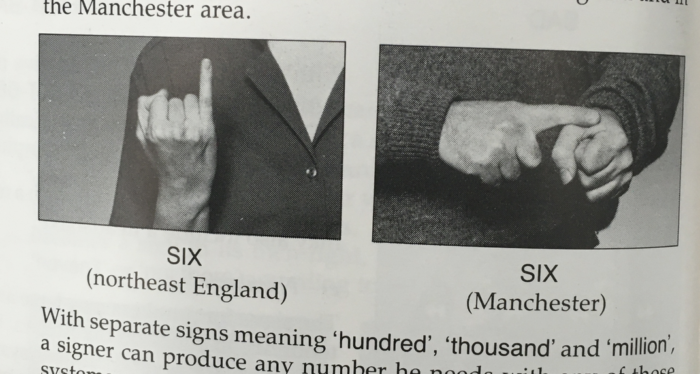 Version of 6 in northeast England (right hand upward facing fist with little finger up) and Manchester (right hand pointing index over fist of left hand)