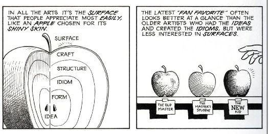 In all the arts it's the surface that people appreciate the most easily; like an apple chosen for its shiny skin (centre to outer - idea, form, idiom, structure, craft, surface). The latest fan favourite often looks better at a glance than the older artists who had the ideas and cerated the idioms but were less interested in surfaces