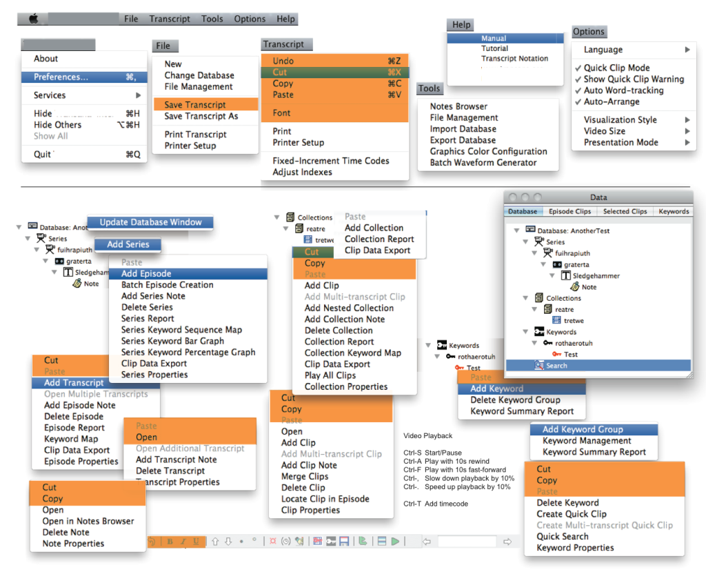 Various menus and the position of copy and paste