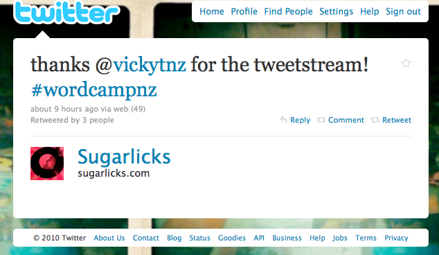 "Thanks @vickytnz for the tweetstream #wordcampnz" sugarlicks 