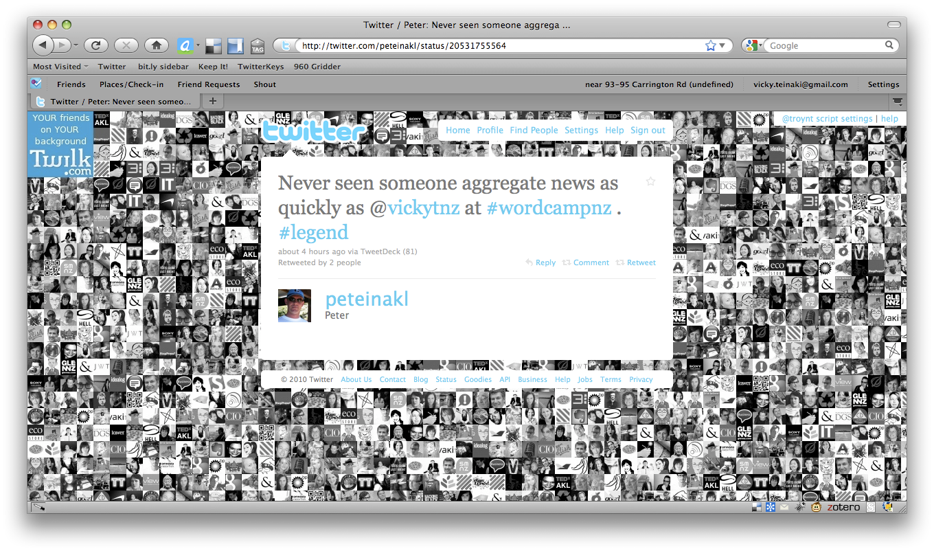 Twitter image "Never seen someone aggregate news as quickly as @vickytnz at #wordcampnz. #legend" @peteinakl Peter