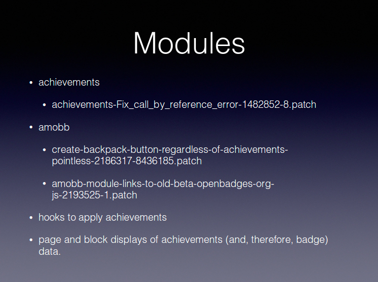 Modules - achievements, amobb, hooks to apply achievements, page and blog displays of achievements