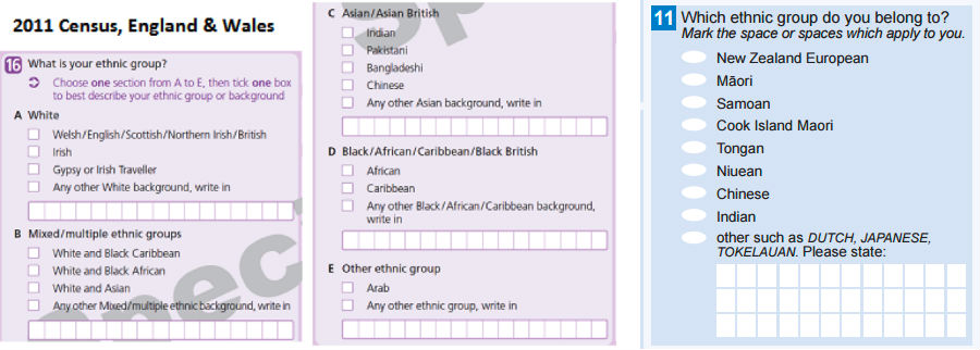 Examples of two censuses - the left for England and Wales with boxes, and NZ on the right which has multiple checkboxes