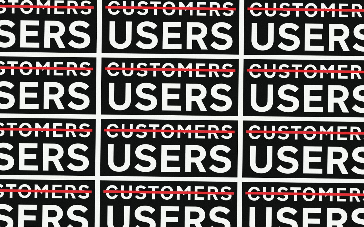 Tessellating GDS stickers crossing out "customers" and with "users" instead