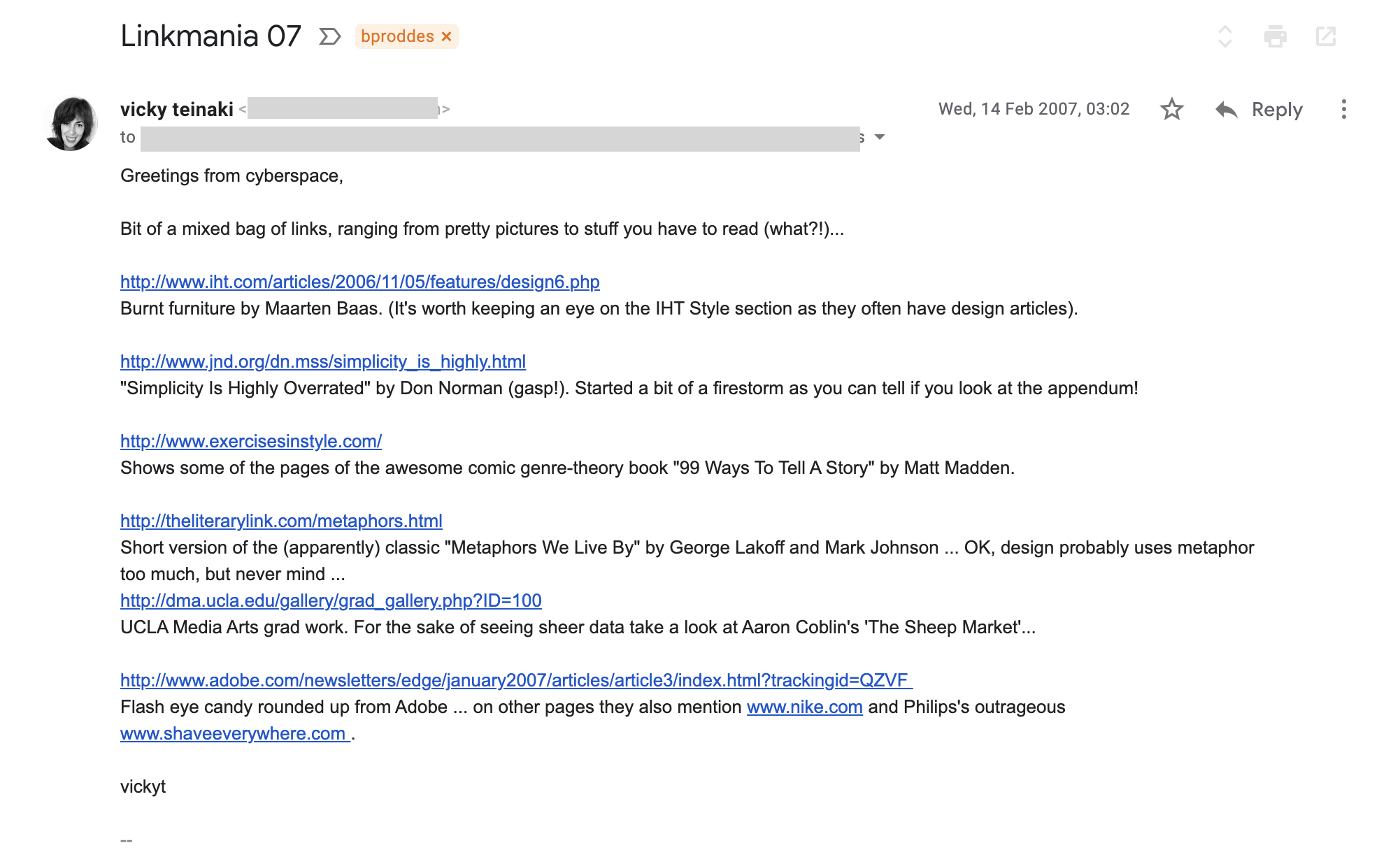 Example of email with links from 14 February 2007