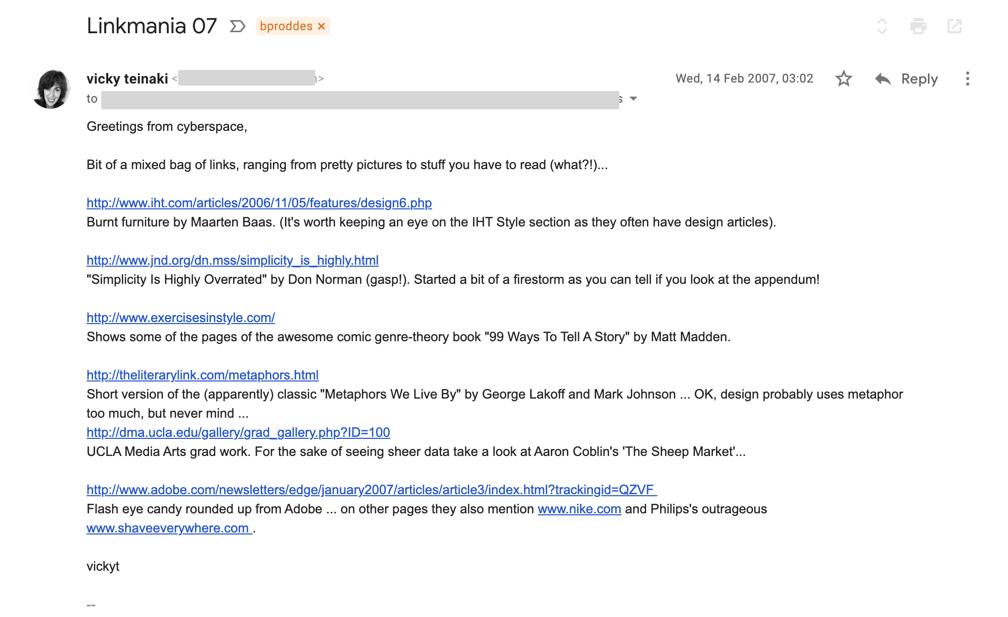 Example of email with links from 14 February 2007 Example of email with links from 14 February 2007