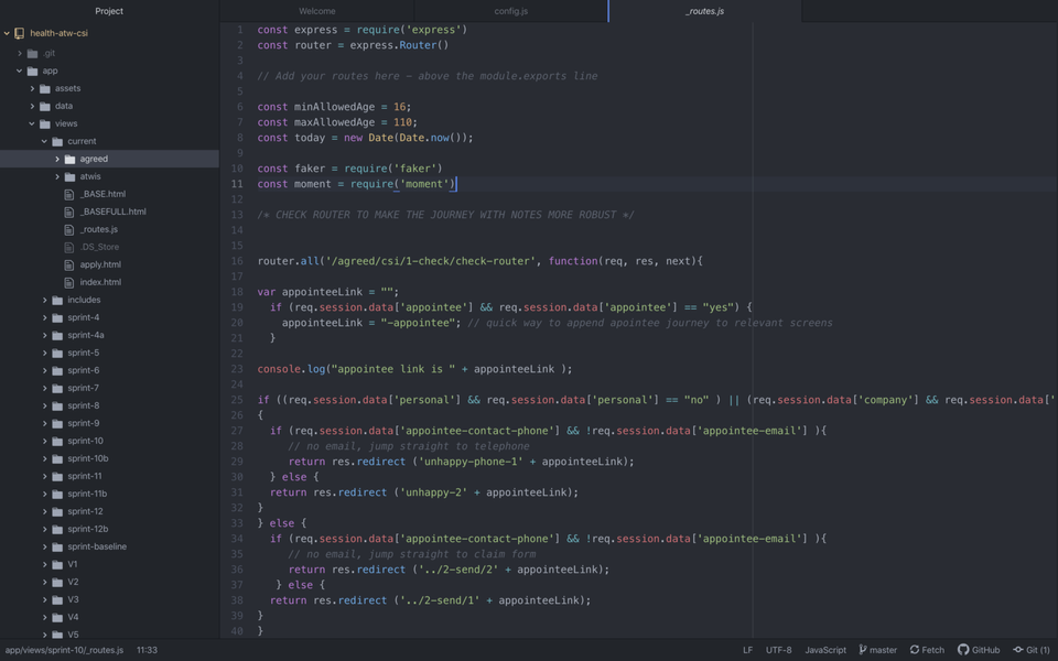 Picture of Atom code editor with example from the GOV.UK prototype kit. Current screen is a routes file.